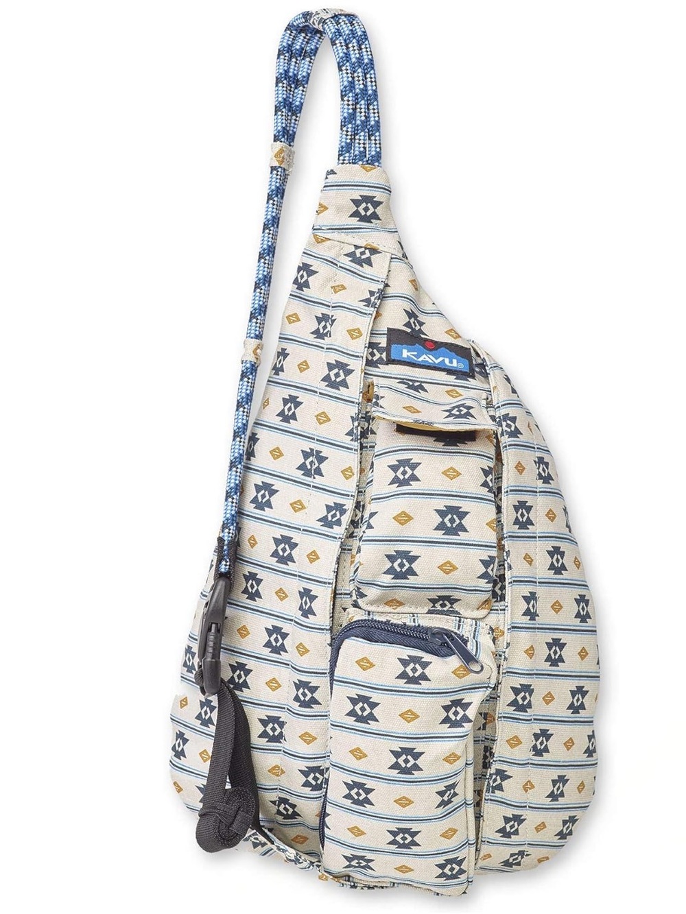 Kavu Cream and Blue Geo-Print Sling Belt Bag